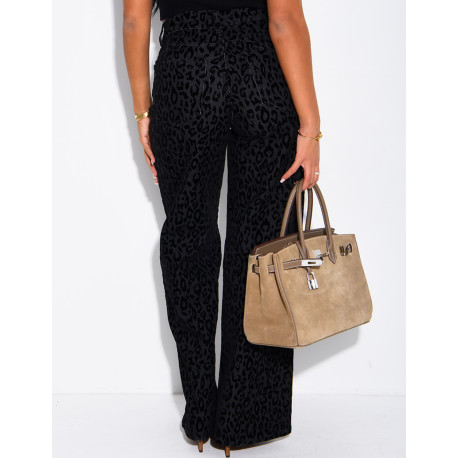 High-waisted straight-leg jeans with an embroidered leopard print