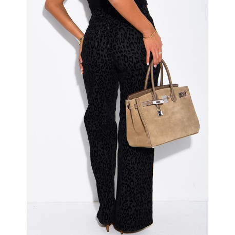 High-waisted straight-leg jeans with an embroidered leopard print
