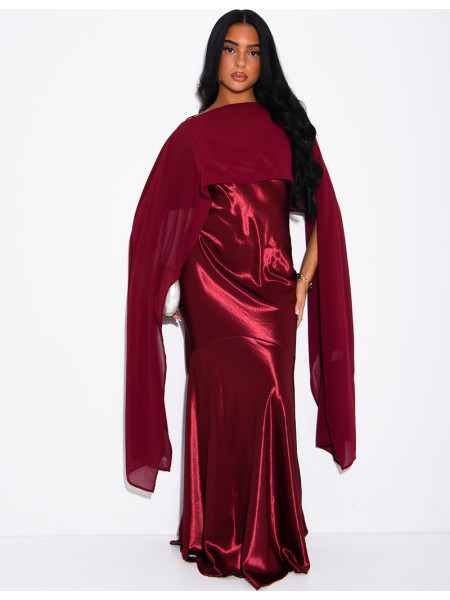 Long satin dress with flowing chiffon overlay