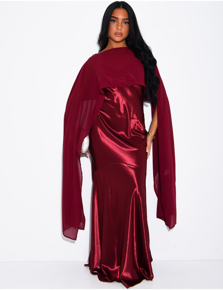 Long satin dress with flowing chiffon overlay