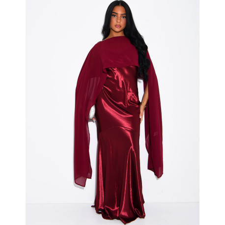 Long satin dress with flowing chiffon overlay