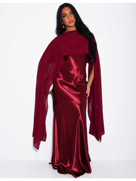 Long satin dress with flowing chiffon overlay