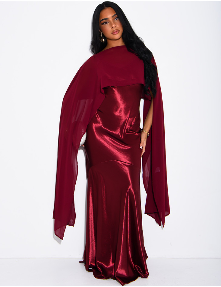 Long satin dress with flowing chiffon overlay