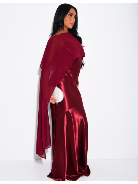 Long satin dress with flowing chiffon overlay