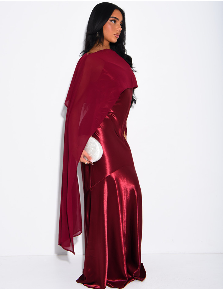 Long satin dress with flowing chiffon overlay