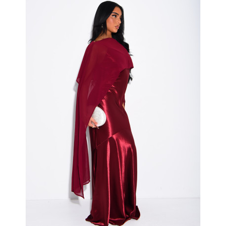 Long satin dress with flowing chiffon overlay