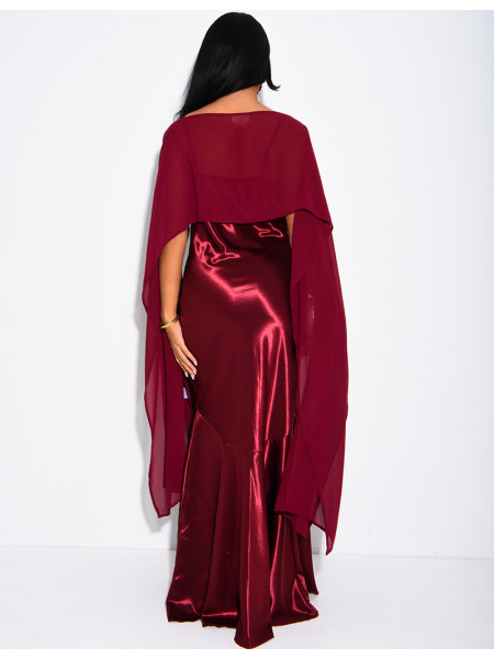 Long satin dress with flowing chiffon overlay