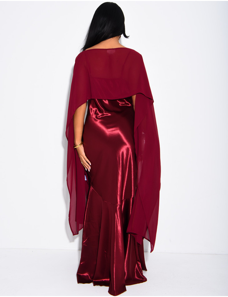 Long satin dress with flowing chiffon overlay