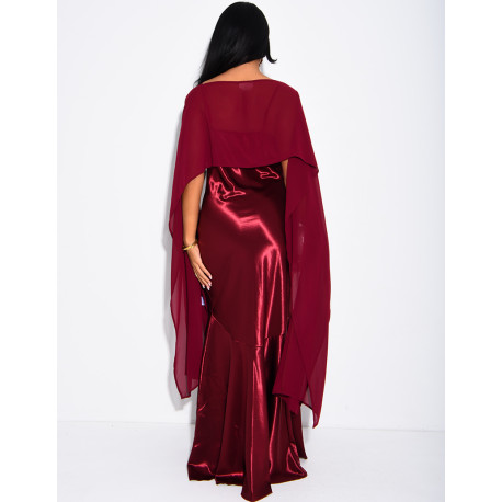 Long satin dress with flowing chiffon overlay