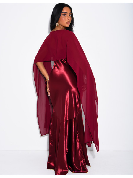 Long satin dress with flowing chiffon overlay