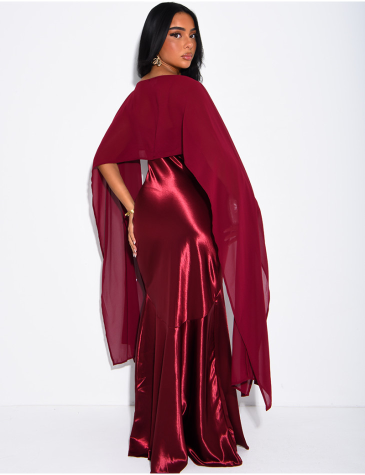 Long satin dress with flowing chiffon overlay