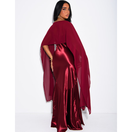 Long satin dress with flowing chiffon overlay