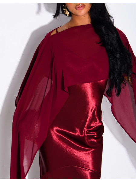 Long satin dress with flowing chiffon overlay