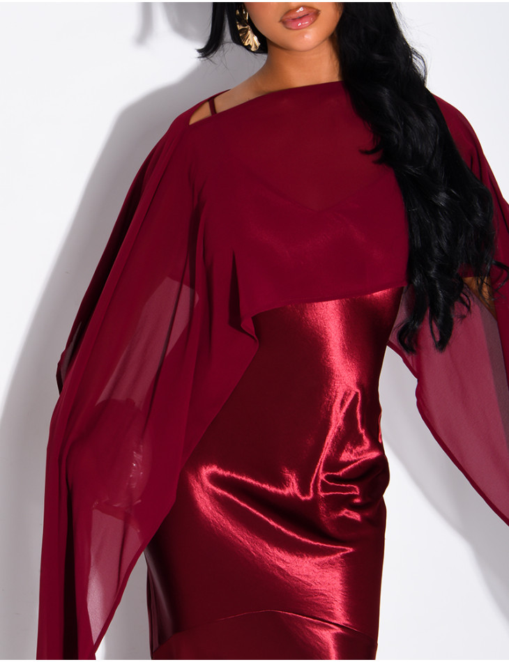 Long satin dress with flowing chiffon overlay