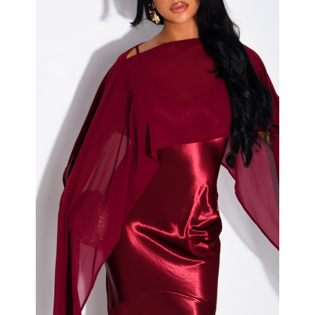 Long satin dress with flowing chiffon overlay