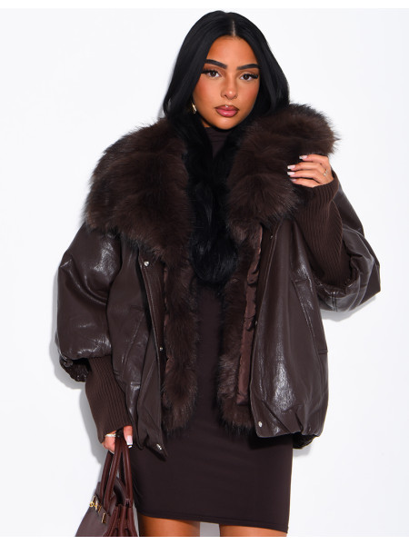 Veste mi-longue en similicuir à fausse fourrure