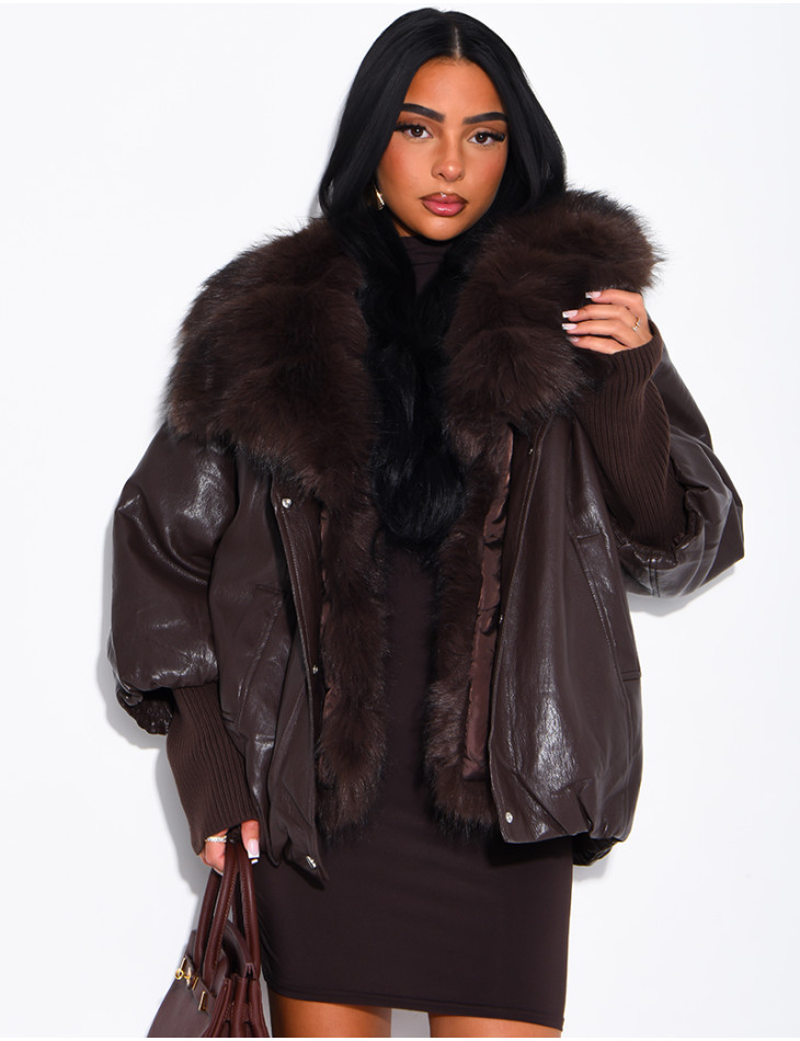 Veste mi-longue en similicuir à fausse fourrure