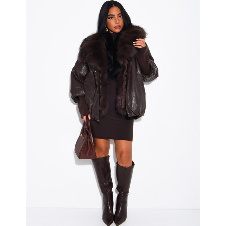 Veste mi-longue en similicuir à fausse fourrure