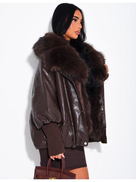 Veste mi-longue en similicuir à fausse fourrure