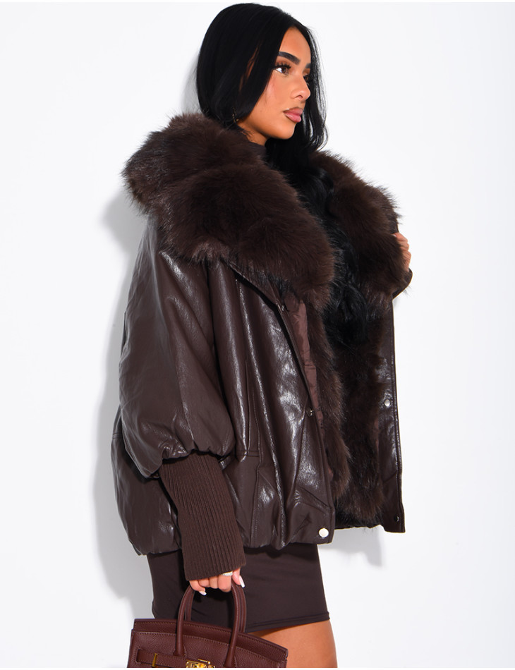 Veste mi-longue en similicuir à fausse fourrure