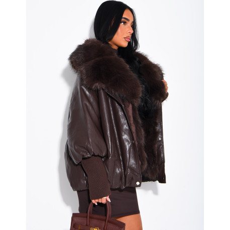 Veste mi-longue en similicuir à fausse fourrure