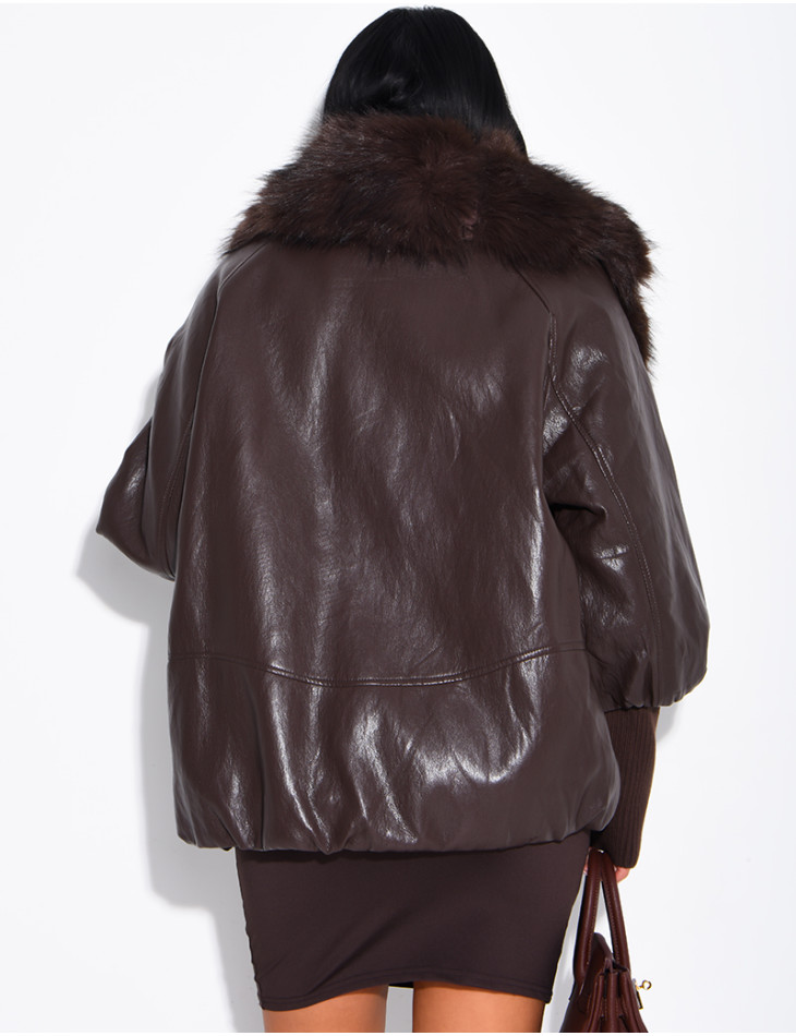Veste mi-longue en similicuir à fausse fourrure
