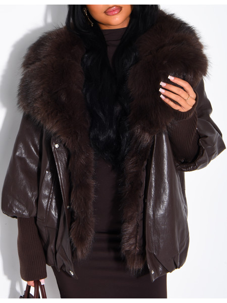 Veste mi-longue en similicuir à fausse fourrure