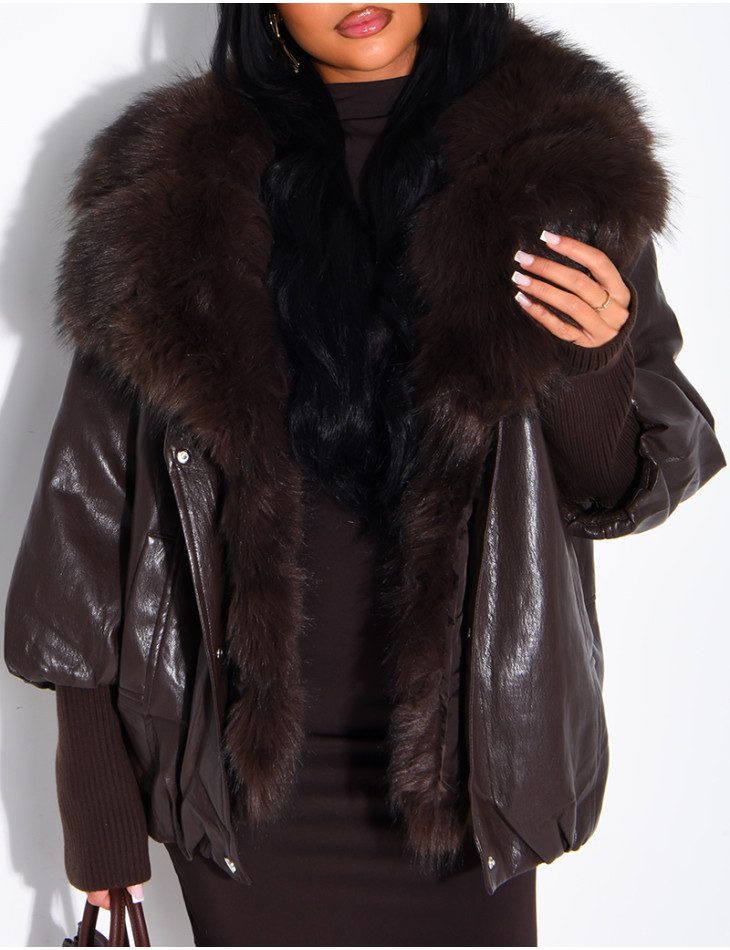 Veste mi-longue en similicuir à fausse fourrure