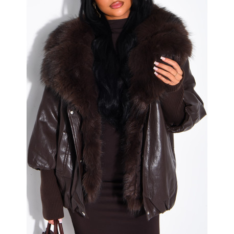 Veste mi-longue en similicuir à fausse fourrure