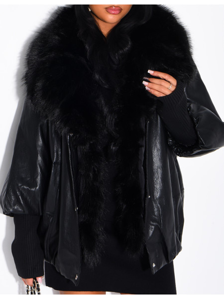 Veste mi-longue en similicuir à fausse fourrure