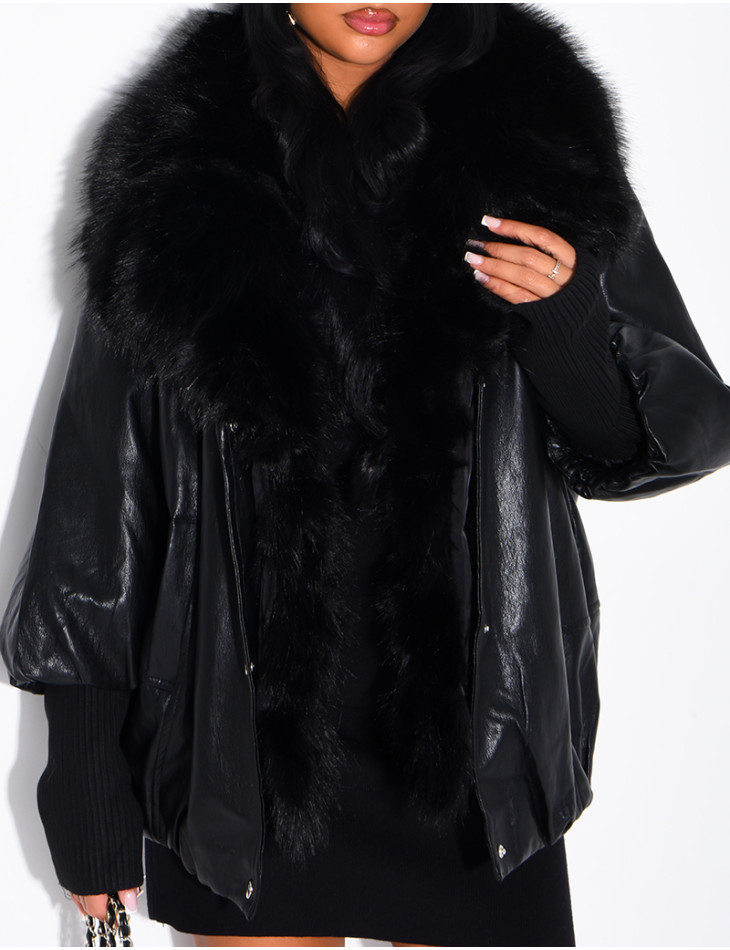 Veste mi-longue en similicuir à fausse fourrure