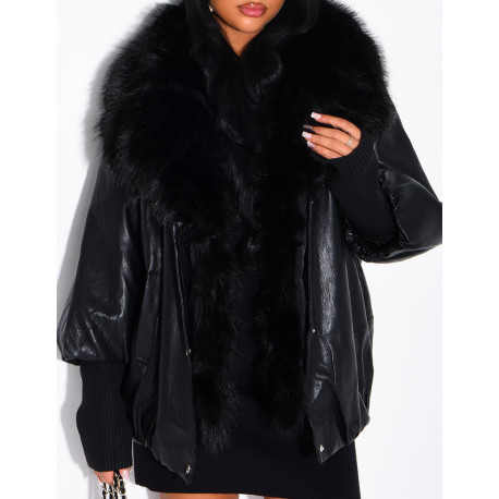 Veste mi-longue en similicuir à fausse fourrure