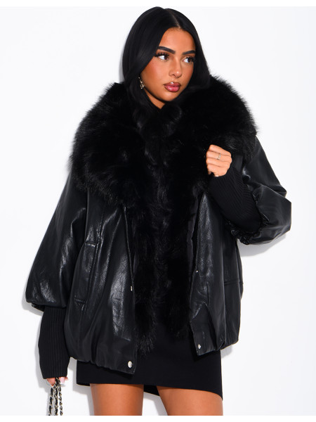 Veste mi-longue en similicuir à fausse fourrure
