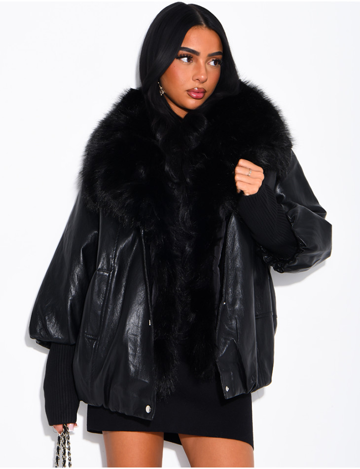 Veste mi-longue en similicuir à fausse fourrure