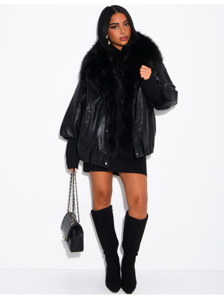 Veste mi-longue en similicuir à fausse fourrure