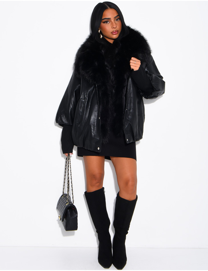 Veste mi-longue en similicuir à fausse fourrure