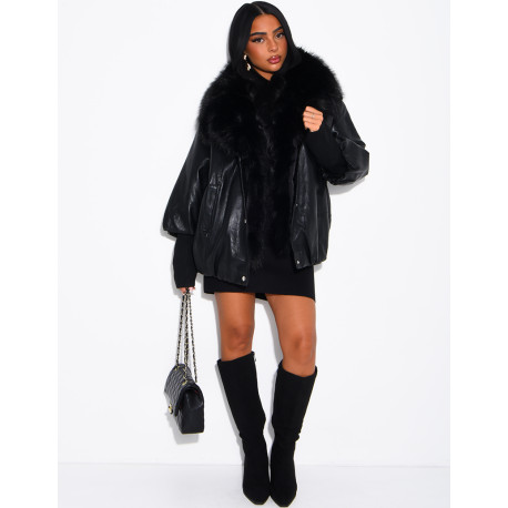 Veste mi-longue en similicuir à fausse fourrure