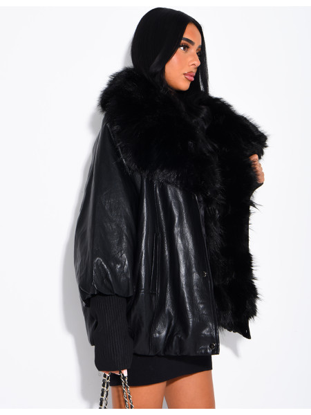 Veste mi-longue en similicuir à fausse fourrure