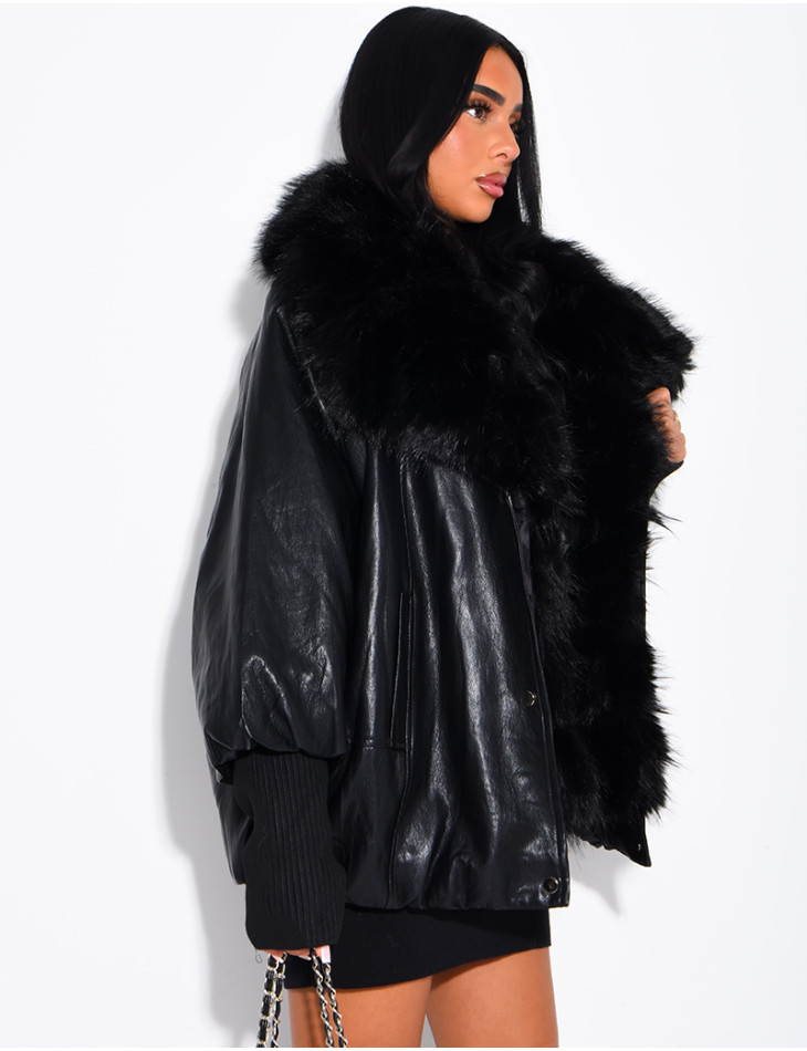 Veste mi-longue en similicuir à fausse fourrure