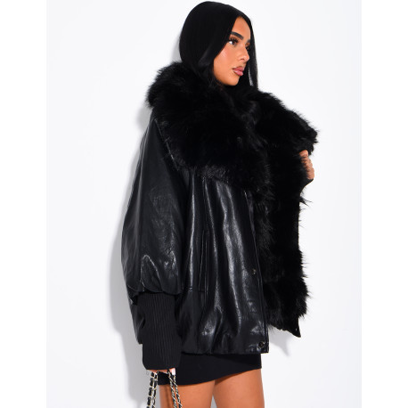 Veste mi-longue en similicuir à fausse fourrure