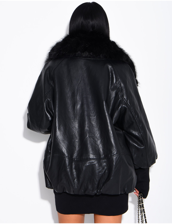 Veste mi-longue en similicuir à fausse fourrure