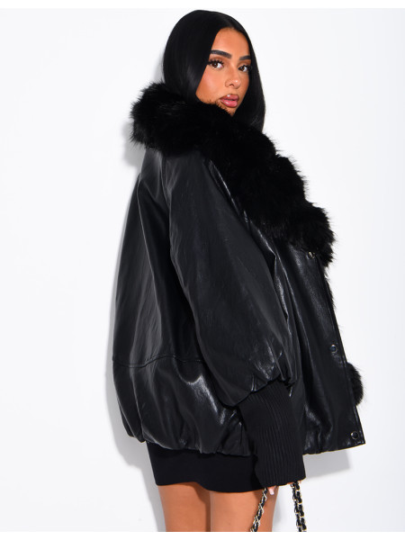 Veste mi-longue en similicuir à fausse fourrure