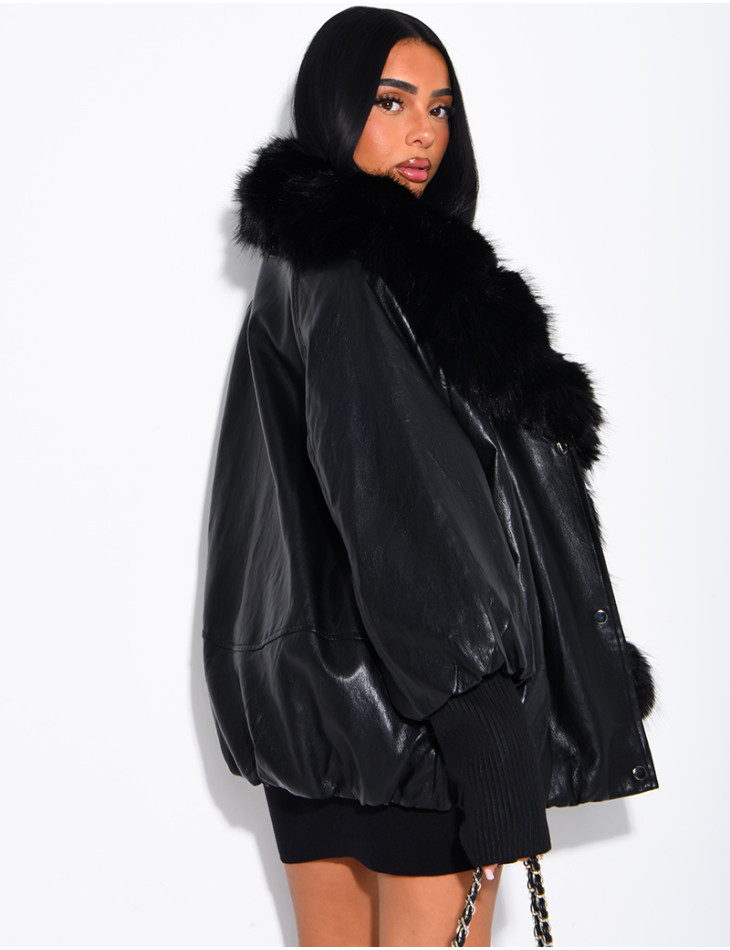 Veste mi-longue en similicuir à fausse fourrure