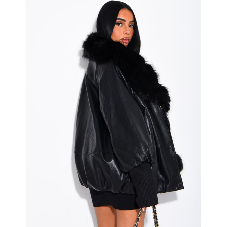 Veste mi-longue en similicuir à fausse fourrure