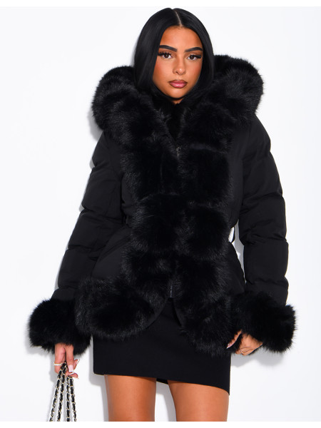 Mid-length quilted puffer jacket with fur-lined hood