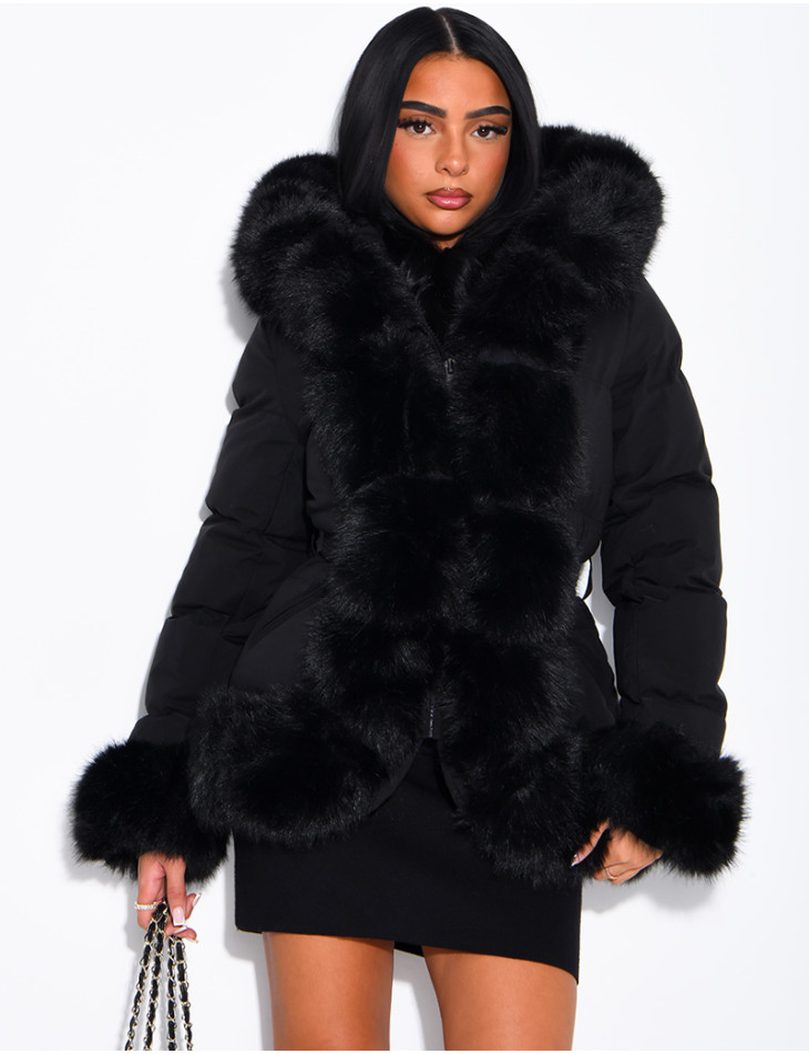 Mid-length quilted puffer jacket with fur-lined hood