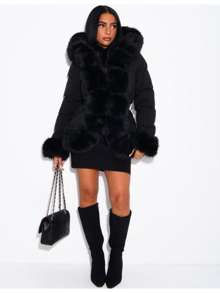 Mid-length quilted puffer jacket with fur-lined hood