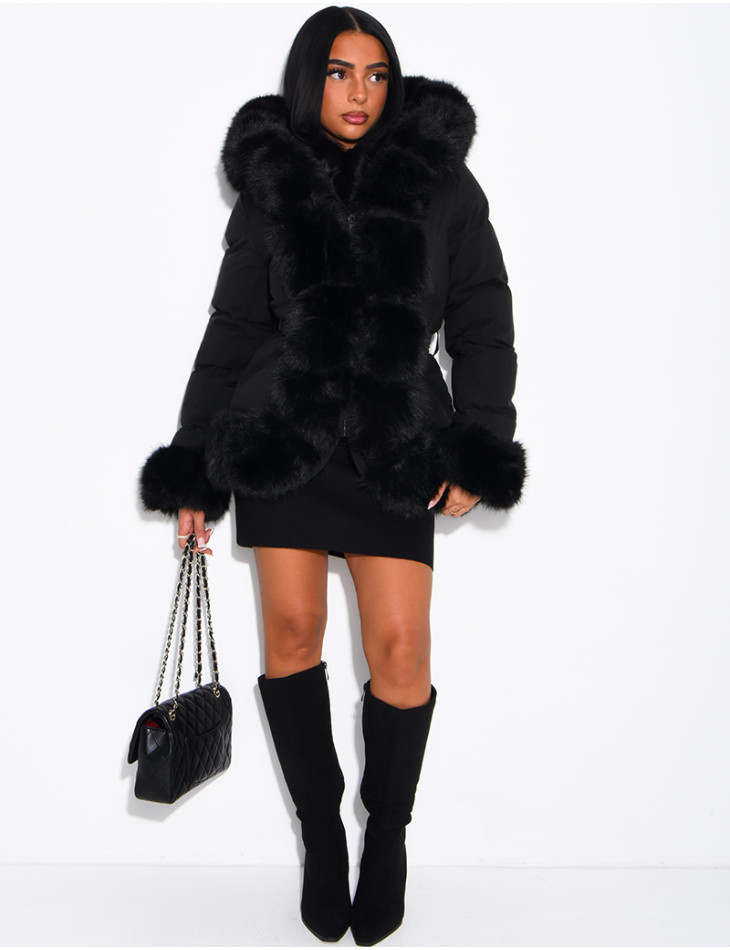 Mid-length quilted puffer jacket with fur-lined hood