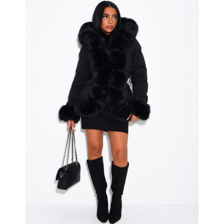 Mid-length quilted puffer jacket with fur-lined hood