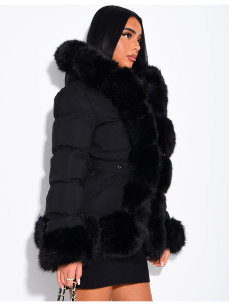 Mid-length quilted puffer jacket with fur-lined hood